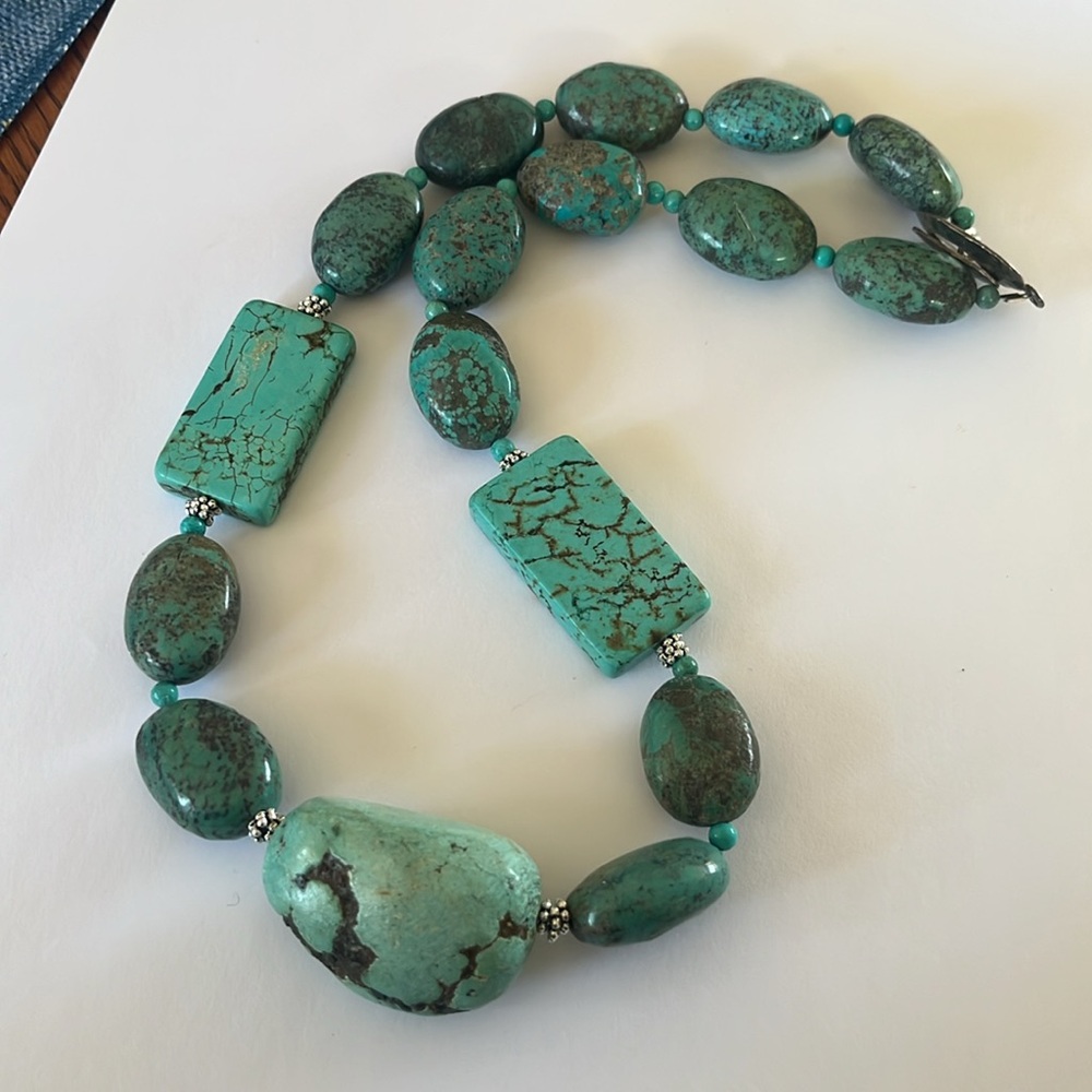 New Chunky Genuine Turquoise Necklace W Hammered Sterling Silver Bar & Toggle